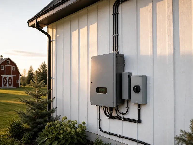 Wall-mounted solar inverter and disconnects on white farmhouse siding, red barn in the background