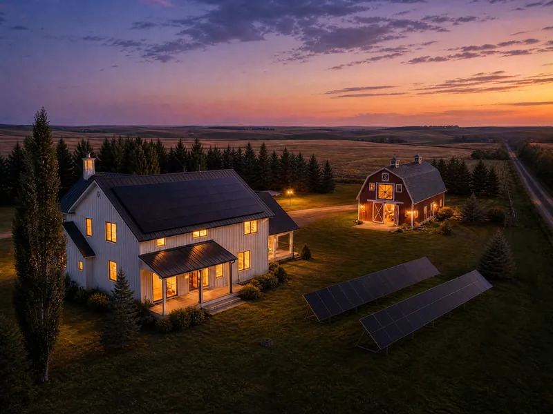 Evening farmstead with lit windows, powered by its rooftop solar array