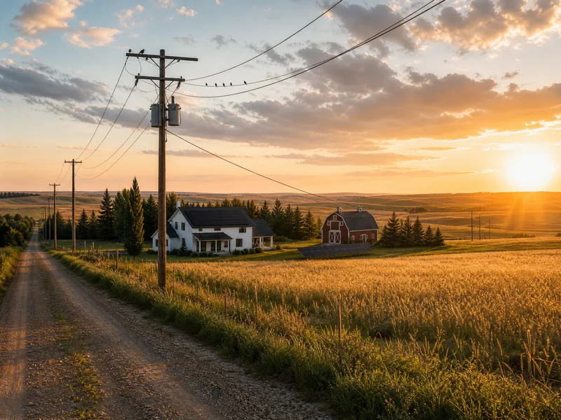Rural power line running from the farmstead toward the horizon at dusk